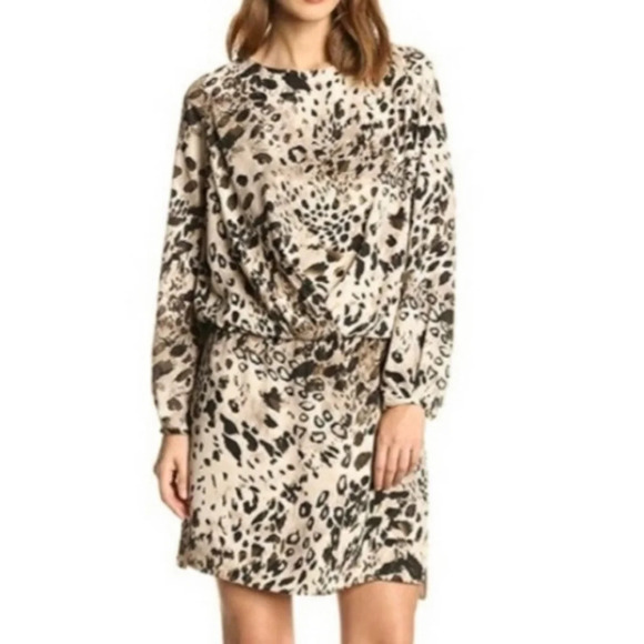 NWOT Vince Camuto Leopard Beige & Black Blouson Slouch Waist Long Sleeve Dress - Picture 1 of 9